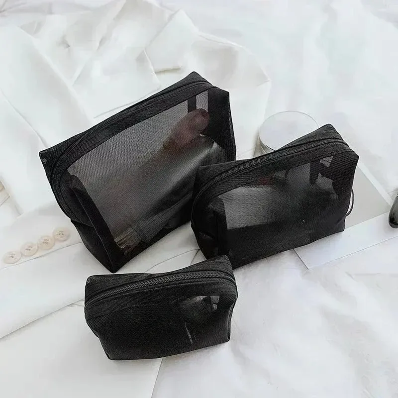 sacs à cosmétiques transparents en maille, petit grand sac de maquillage noir, étui de rangement de toilette de voyage portable, pochette de rangement de rouge à lèvres 1/3 pièces