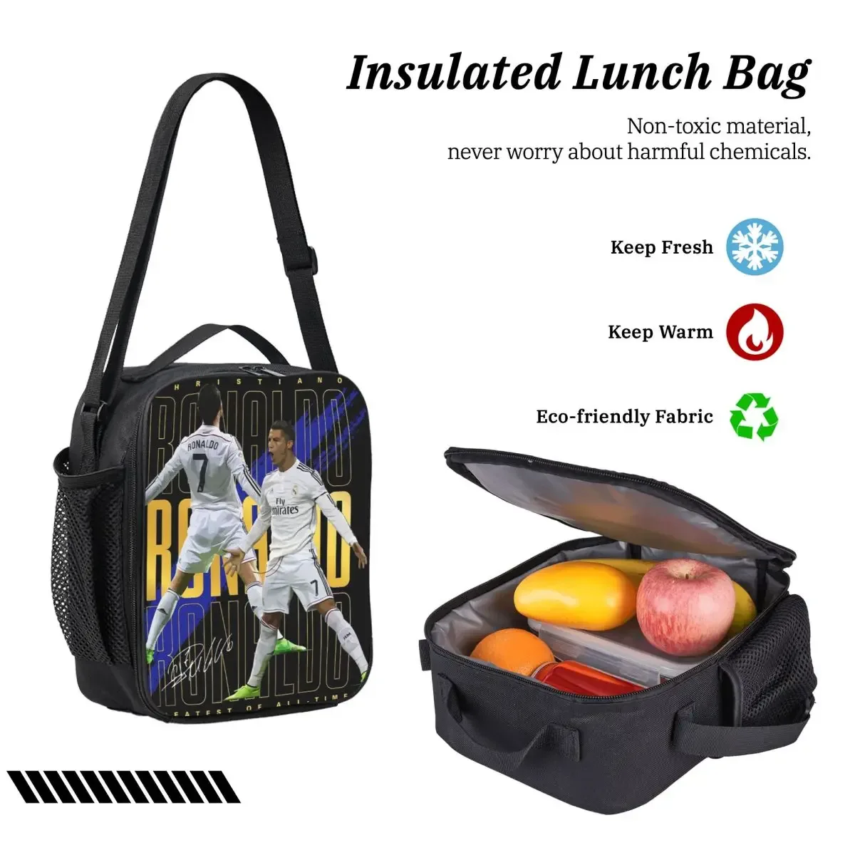 sac dos polyester noir impression ronaldo bleu jaune pique-nique isolante bandoulière usage voyage étudiant