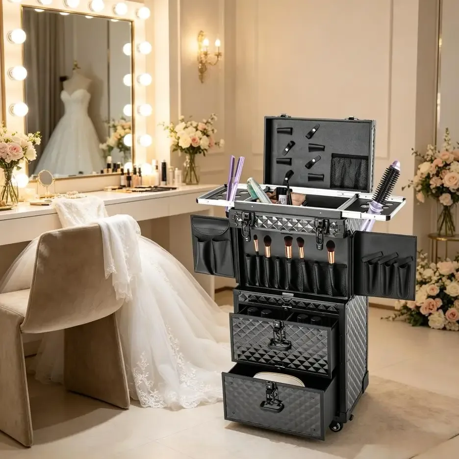 valise de maquillage verrouillable bymaocar, trolley de salon de beauté multi-niveaux en aluminium et abs, design cube d'eau, grande capacité, organisateur avec 2 tiroirs, supports pour ciseaux, 6 clés, serrure intégrée, verrouillage par mot de passe