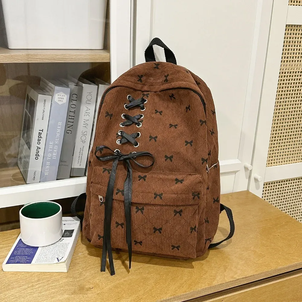 sac à dos en velours côtelé grande capacité avec nœud, léger, style coréen, sac à nœud, bretelles réglables, sac à double épaule pour étudiants