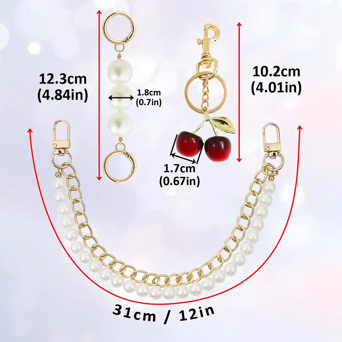 chaîne sac décorative perles blanches maillons dorés cerise rouge feuilles vertes fermoir doré longueur totale 31cm usage voyage accessoire beauté
