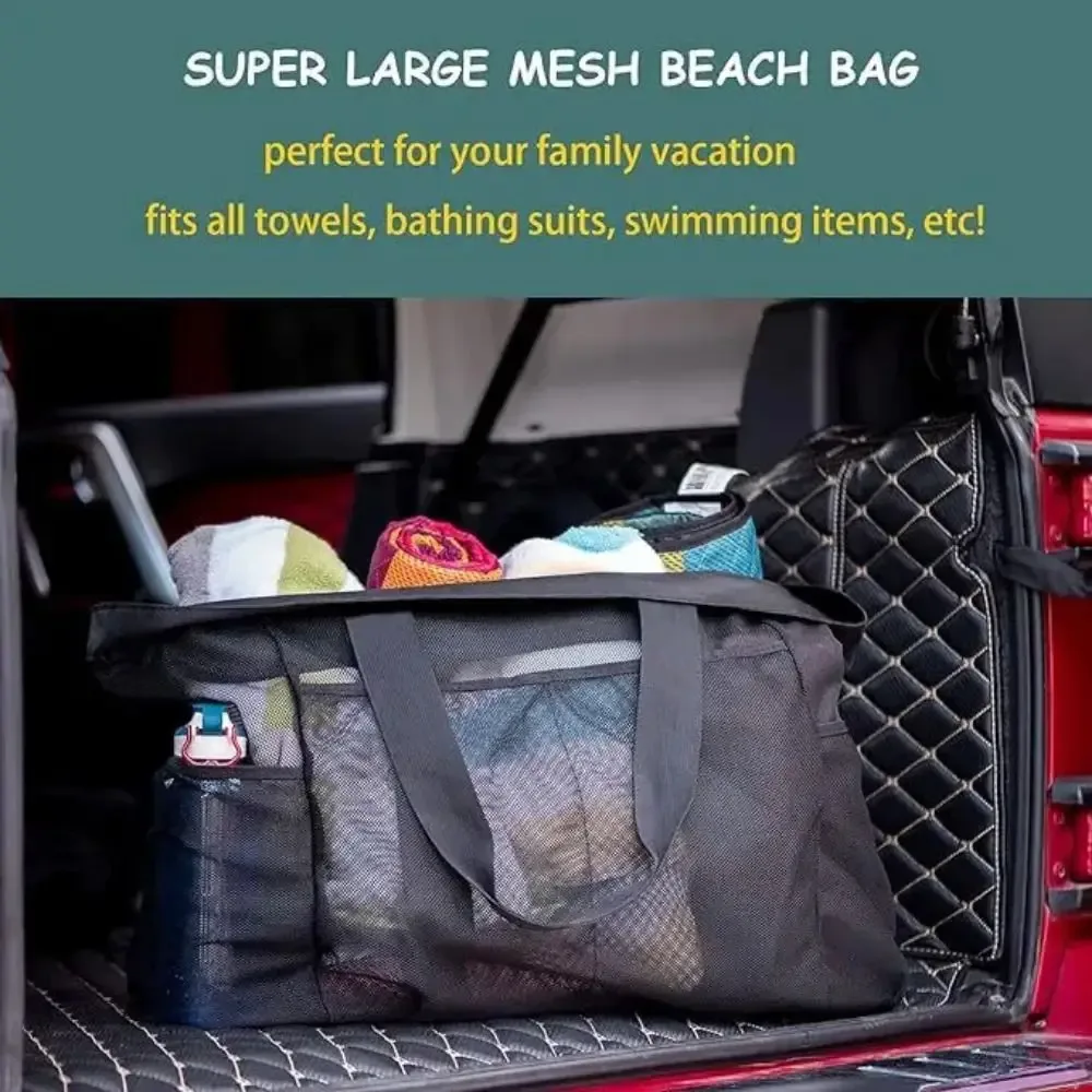sac de plage en maille grande capacité avec cordon de serrage, paniers légers pour jouets de plage, sac de rangement portable multi-usages avec boutons-pression pour le bain
