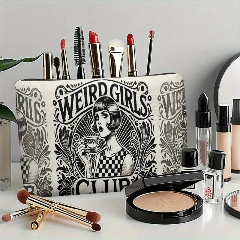 sac de maquillage chic gift weird girls club, pochette à cosmétiques vintage à motif floral et à carreaux avec fermeture éclair pour voyage, sac de rangement d'articles de toilette