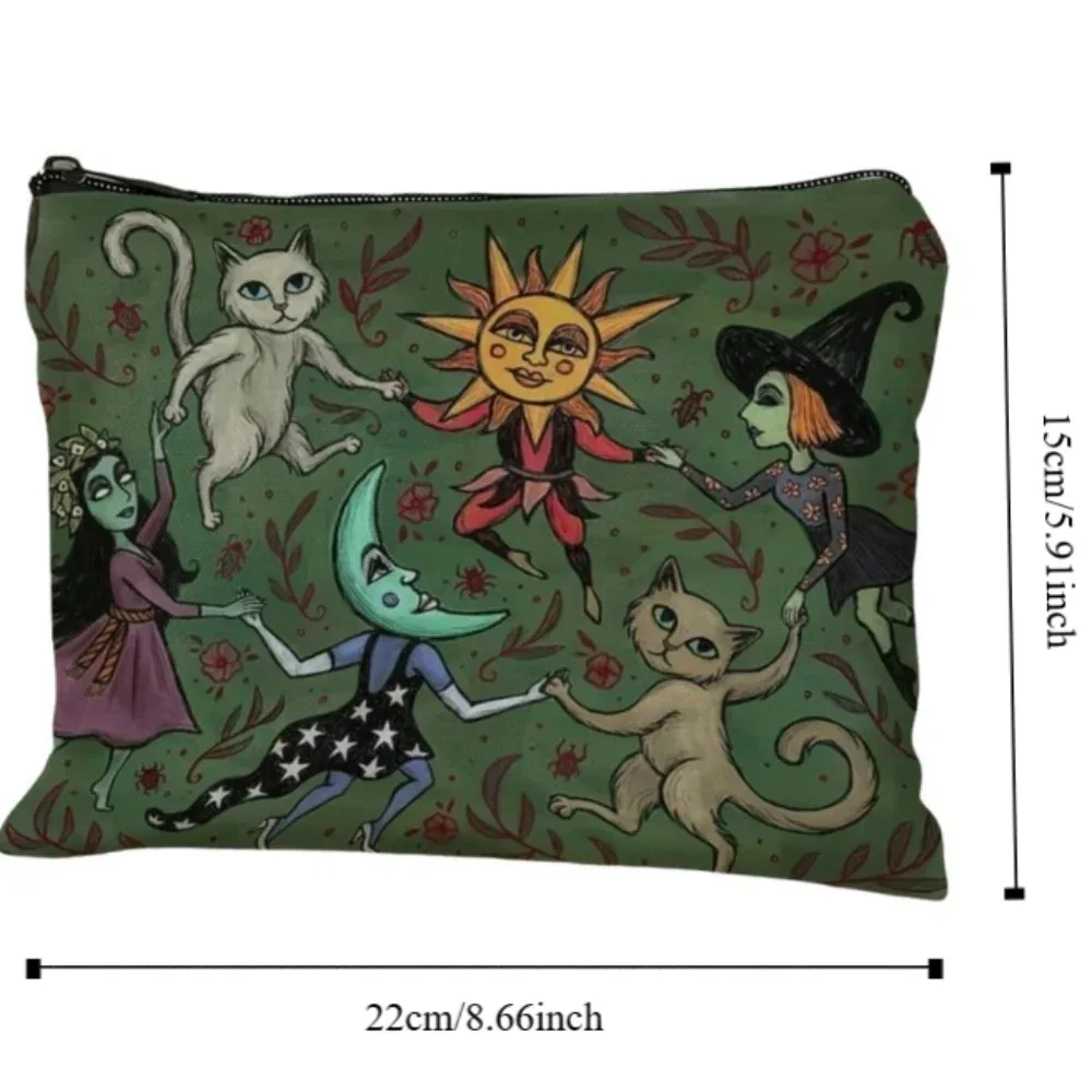 trousse polyester fantaisiste chats sorcière soleil lune vert étudiante cosmétique maquillage stylos rangement voyage