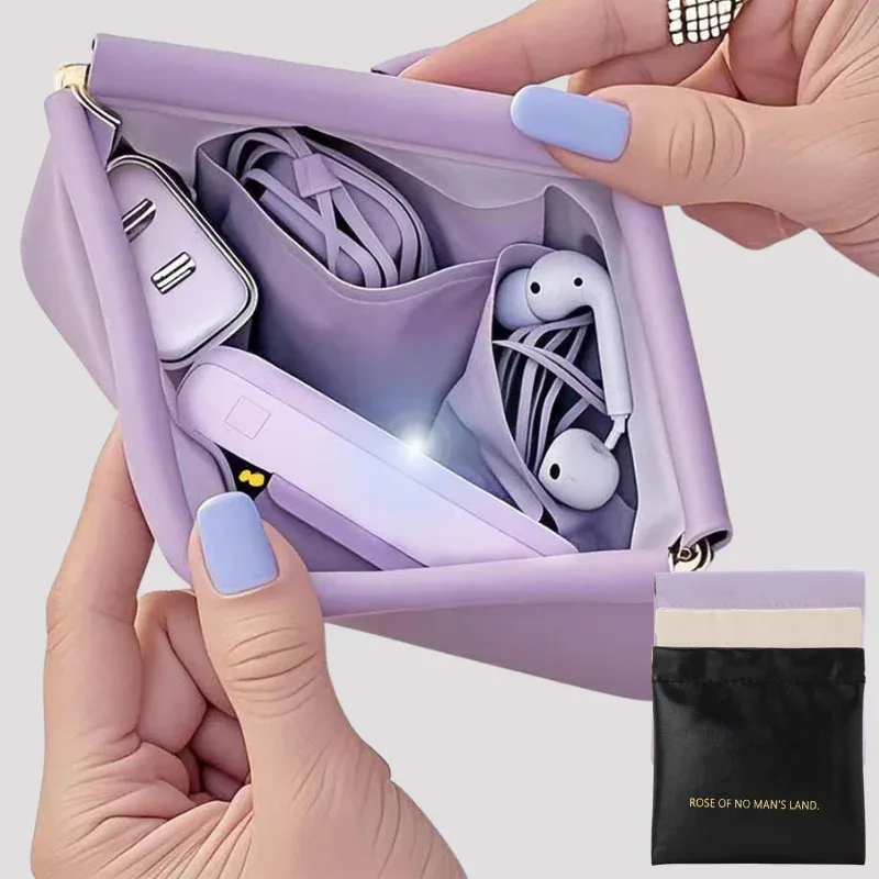 mini sac de rangement automatique à ressort en silicone, pochette de maquillage portable, étanche, pour écouteurs, chargeurs et câbles