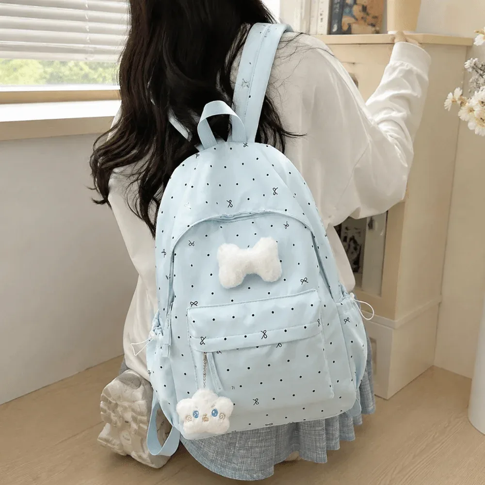 Nouveau sac à dos léger à pois, décontracté, respirant, pour étudiants, avec nœud, polyvalent, grande capacité, pour l'école et les voyages