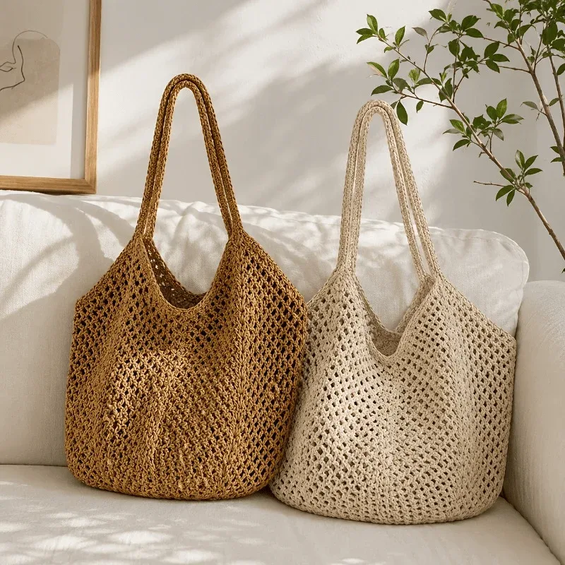 Sac fourre-tout tissé de grande capacité pour femmes, sac à main léger et respirant à ouverture supérieure pour la plage, les voyages, le shopping, les trajets quotidiens.