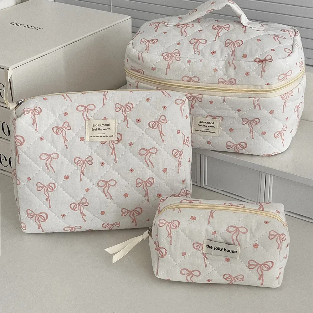 sac de maquillage matelassé avec nœud papillon pour femmes, fourre-tout portable, pochette de rangement de cosmétiques et de toilette, sac à main à fleurs avec fermeture éclair, vente en gros