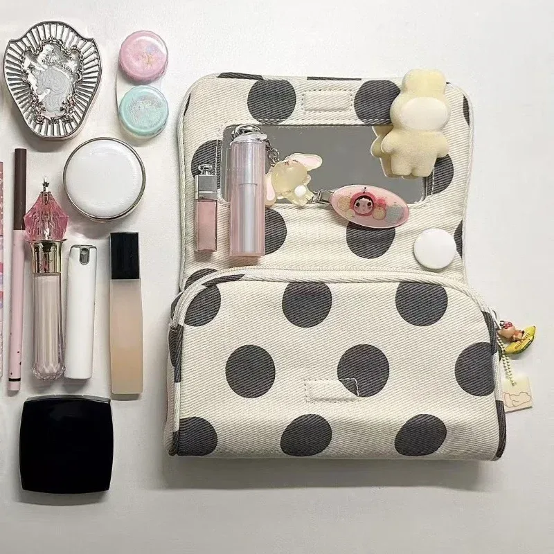 pochette cosmétique rose rayée tendance avec miroir, trousse de maquillage à pois pour femme, sac de rangement portable pour rouge à lèvres et articles de toilette de voyage