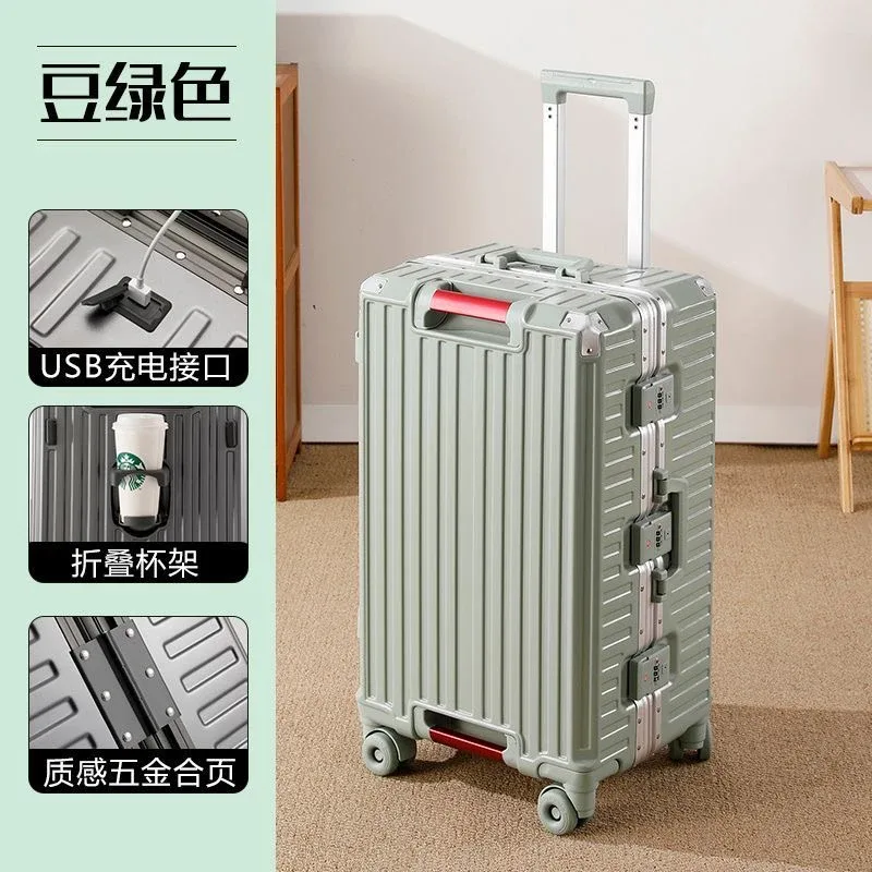 valise de voyage grande taille avec cadre en aluminium, bagage à roulettes avec porte-gobelet et serrure à combinaison