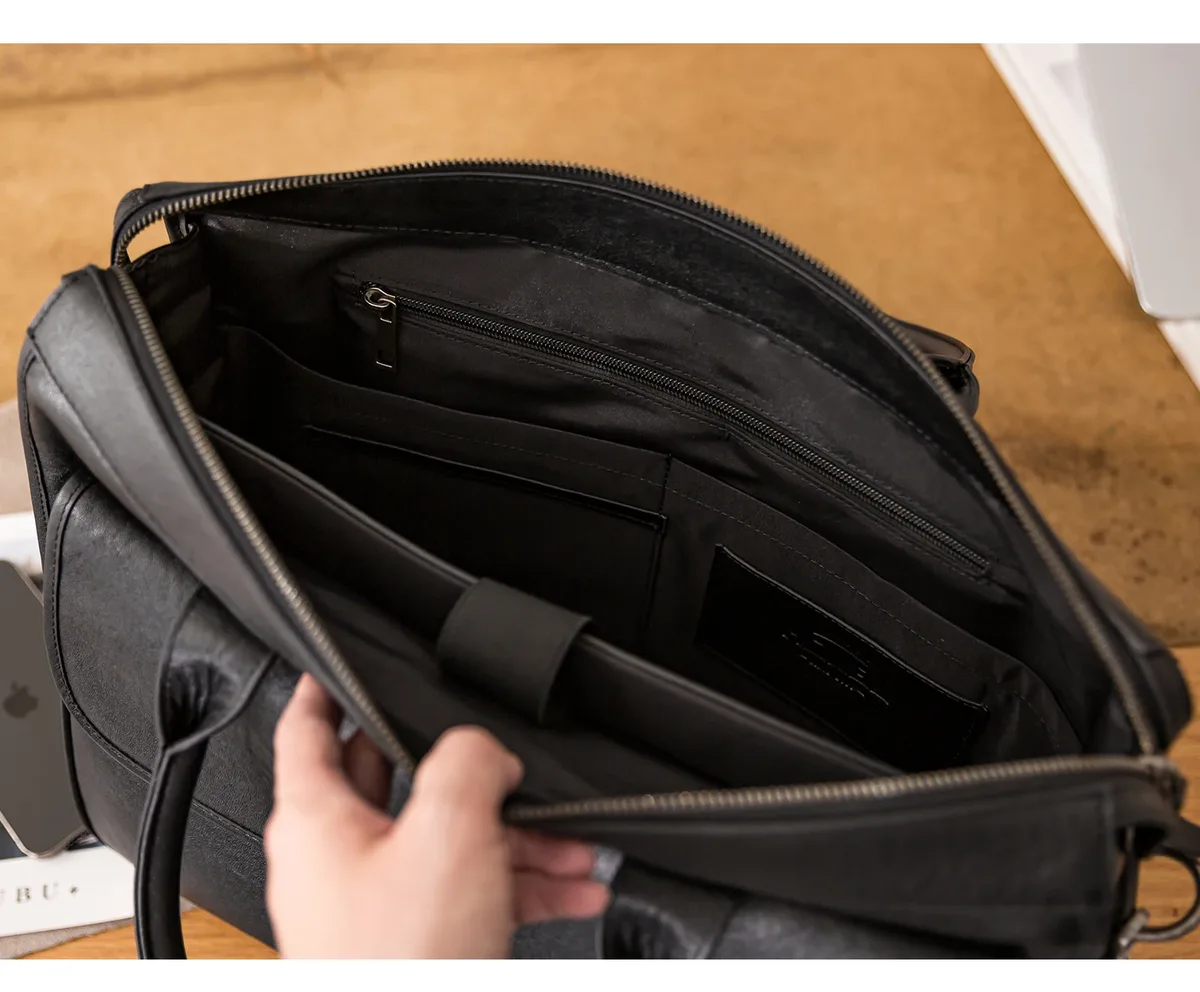porte-documents simple et décontracté pour hommes, première couche en cuir de vache, de luxe, pour le travail d'affaires, fait à la main, en cuir véritable, pour ordinateur