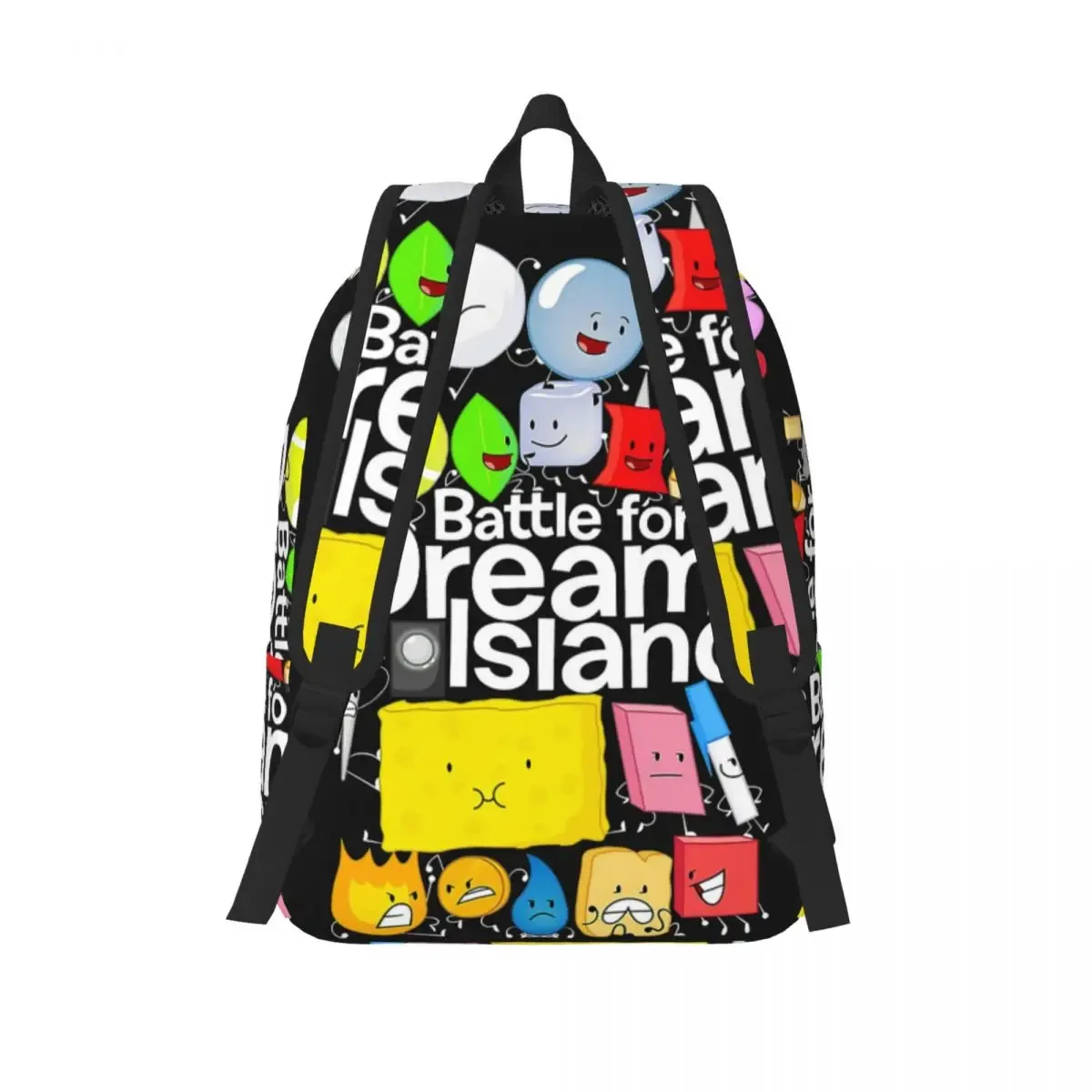 sac dos polyester noir motif battle for dream island poignée supérieure bandes épaules poches avant lateral usage voyage