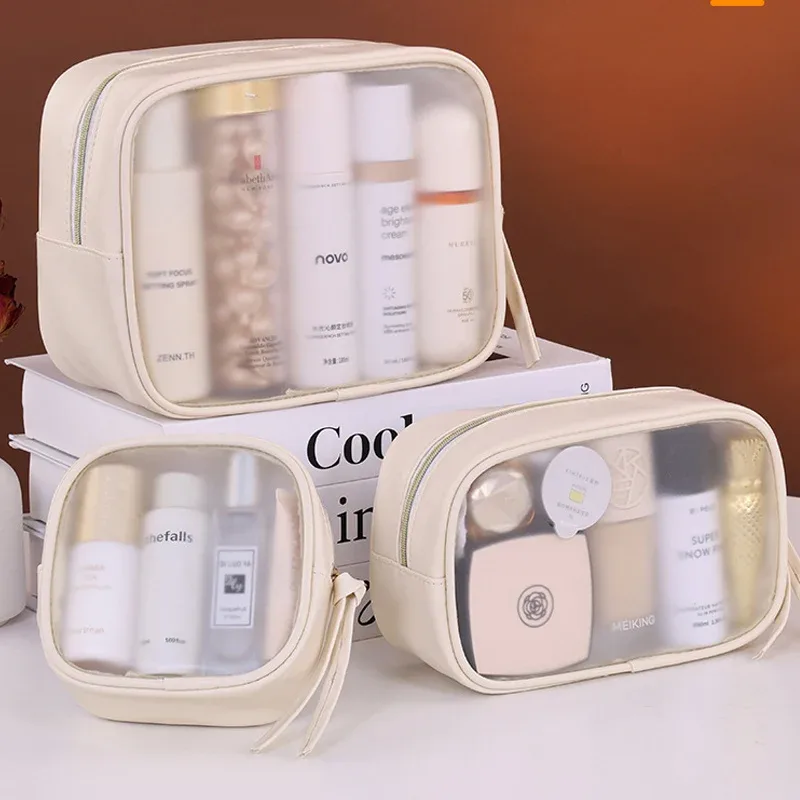 sac à cosmétiques semi-transparent en pvc mat - organisateur de maquillage de luxe grande capacité, trousse de toilette de voyage pour femmes