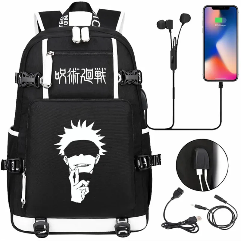 jujutsu kaimmer-sacs à dos college pour hommes et femmes, cartable anime pour adolescents, port de charge usb décontracté, sacs d'extérieur pour ordinateur portable, noir, mochila