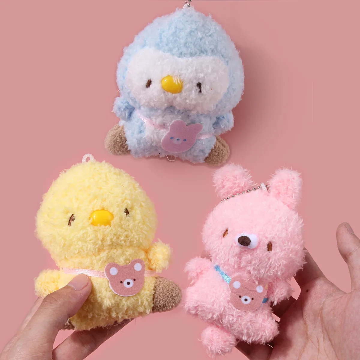 porte-clés en peluche mignon et moelleux, pendentif de dessin animé lapin rose et poussin jaune avec étiquette ours, animal en peluche doux pour sac à dos