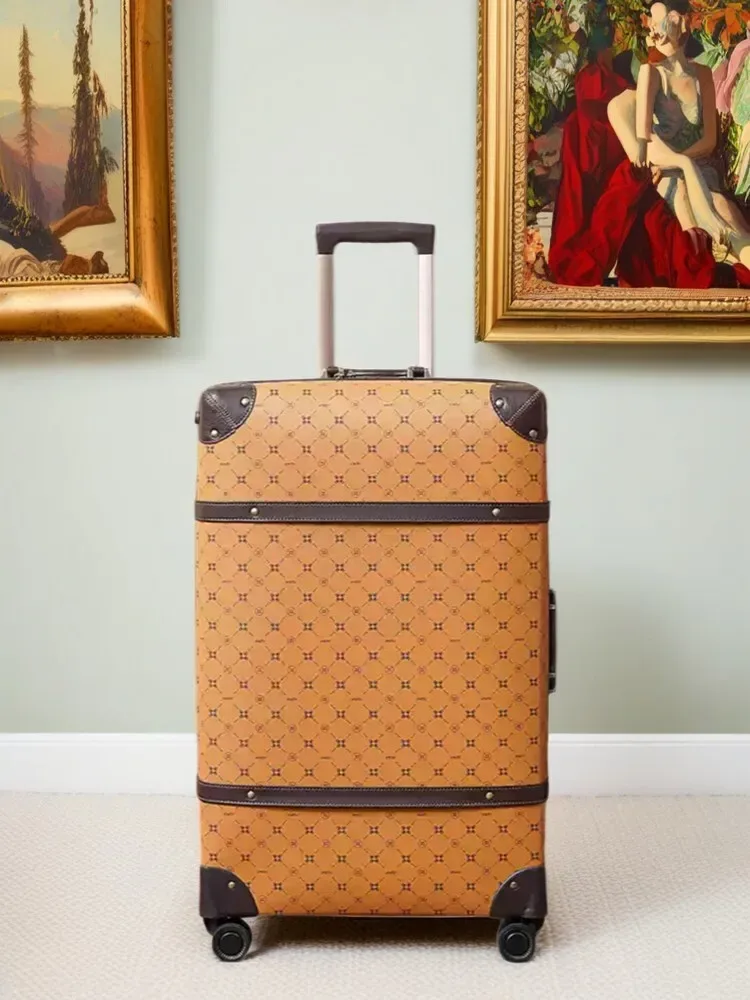 valise bagage roulant pu marron clair motif géométrique brun fond beige poignées roulettes empilable voyage