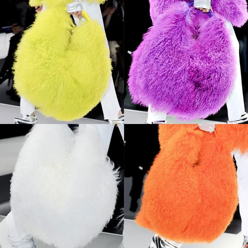 sac à main de luxe en véritable fourrure d'agneau de mongolie, sac boston en cuir véritable doux et moelleux, sac à bandoulière pour femme, style hobo, sacs duveteux et moelleux