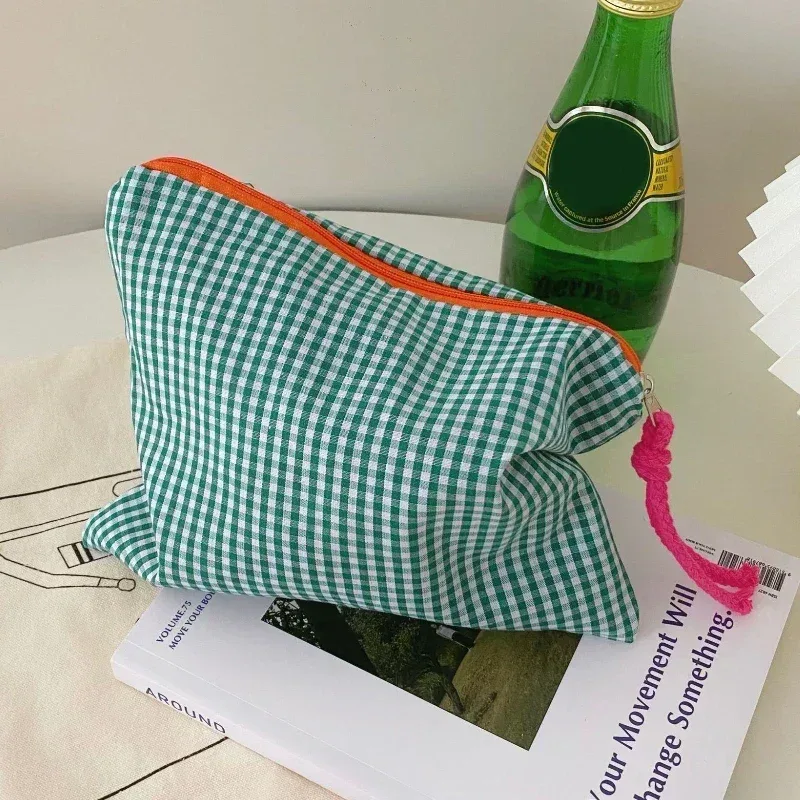 sac de maquillage à carreaux pour femmes et filles, sac à cosmétiques en coton et lin avec pochette à fermeture éclair, sac de rangement simple et portable de grande capacité à la mode