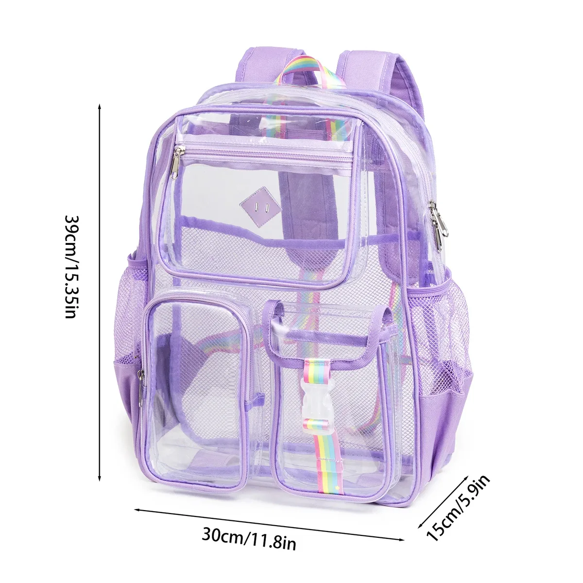 sac à dos transparent approuvé pour les stades, avec plusieurs poches, robuste, pour filles, avec sangle arc-en-ciel