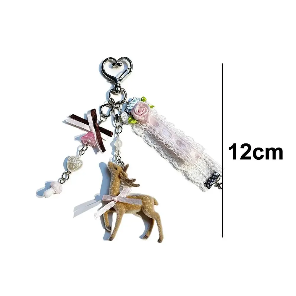 porte-clés cerf coquette adorable avec nœud en ruban de dentelle, breloque de sac, pendentif faon kawaii, accessoires pour sac à dos, cadeau pour femme