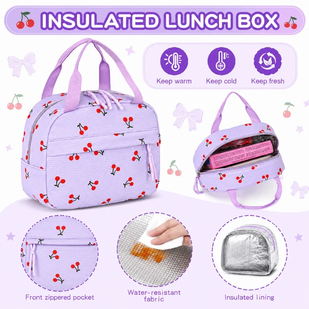 sac dos nylon dessin animé violet cerises rouges sac lunch boîte crayons poignees pompons compartiment isolant visibilite sécurité enfants