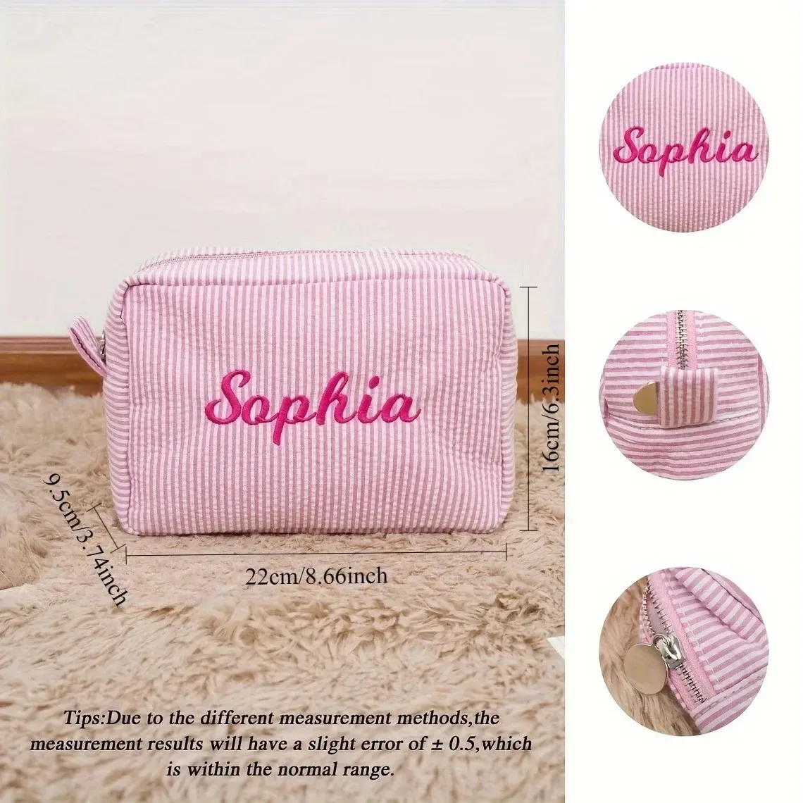 pochette de maquillage rayée personnalisée, broderie de nom personnalisée, pochette cosmétique, organiseur de toilette de voyage, cadeau pour femmes, filles, demoiselles d'honneur