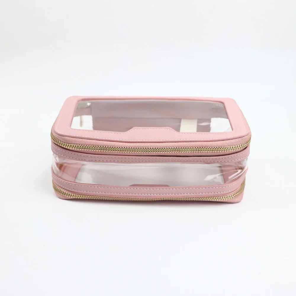 sac de toilette en cuir pu + tpu transparent avec nom personnalisé, trousse de maquillage portable de voyage, sac de rangement étanche de grande capacité