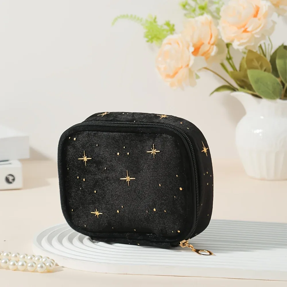 nouvelle trousse de maquillage scintillante en velours 2026, grande capacité, pochette multi-usages avec fermeture éclair dorée pour maquillage et monnaie, 4 couleurs