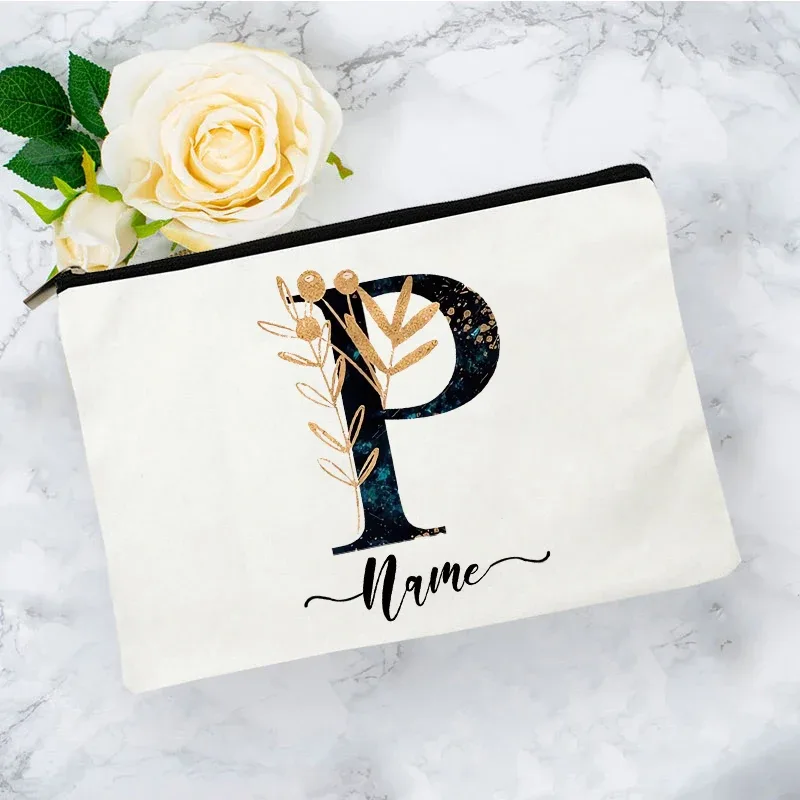 pochette organisatrice en toile noire et or de luxe avec initiales, sac de voyage pour cosmétiques, cadeau de toilette d'anniversaire avec nom personnalisé