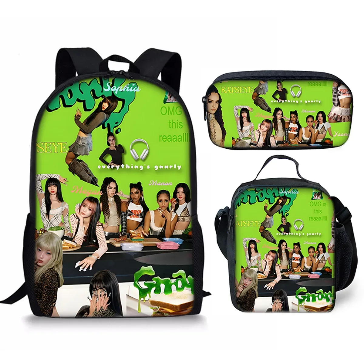 sac à dos scolaire classique populaire kpop katseye imprimé 3d, ensemble de 3 pièces, sac à dos pour ordinateur portable, sac à déjeuner, trousse à crayons
