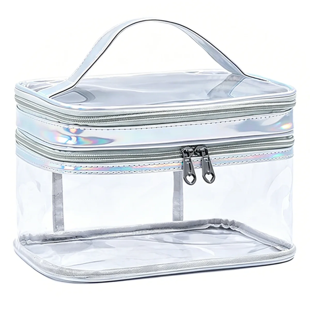 sac de maquillage transparent portable, sac à cosmétiques double couche en pvc, sac de toilette étanche de grande capacité, pochette de rangement de voyage transparente