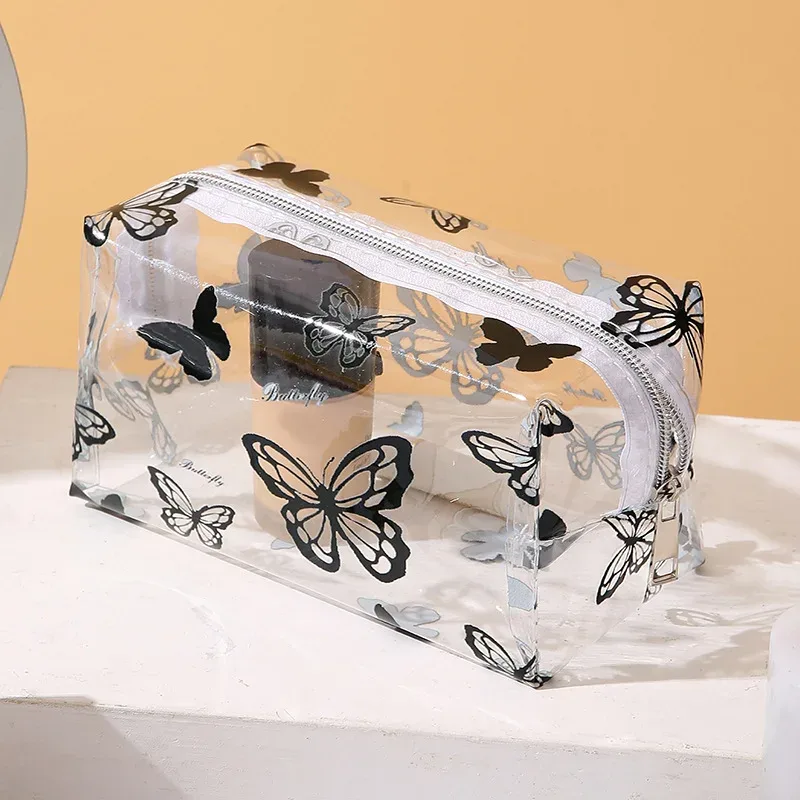 sac de maquillage transparent en pvc imprimé papillon pour femmes, sac de rangement octogonal pour cosmétiques, sac de lavage étanche de grande capacité pour voyage
