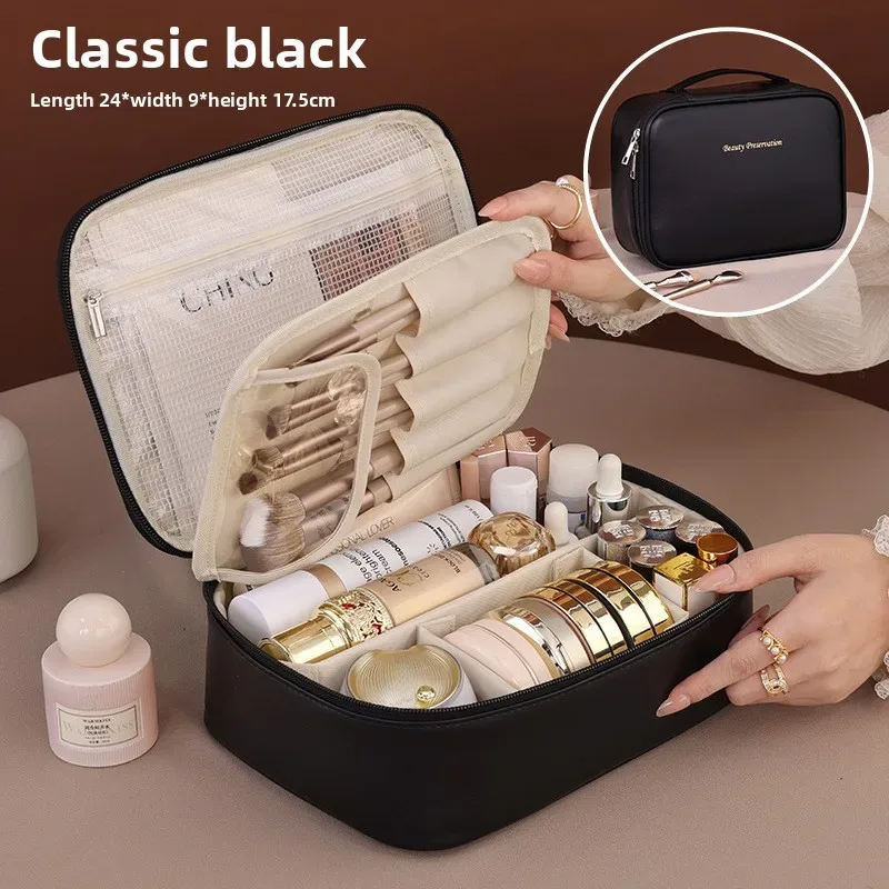 sac de maquillage portable pour femmes, trousse de beauté de voyage avec compartiment pour pinceaux, grande capacité, sac de rangement imperméable pour soins de la peau