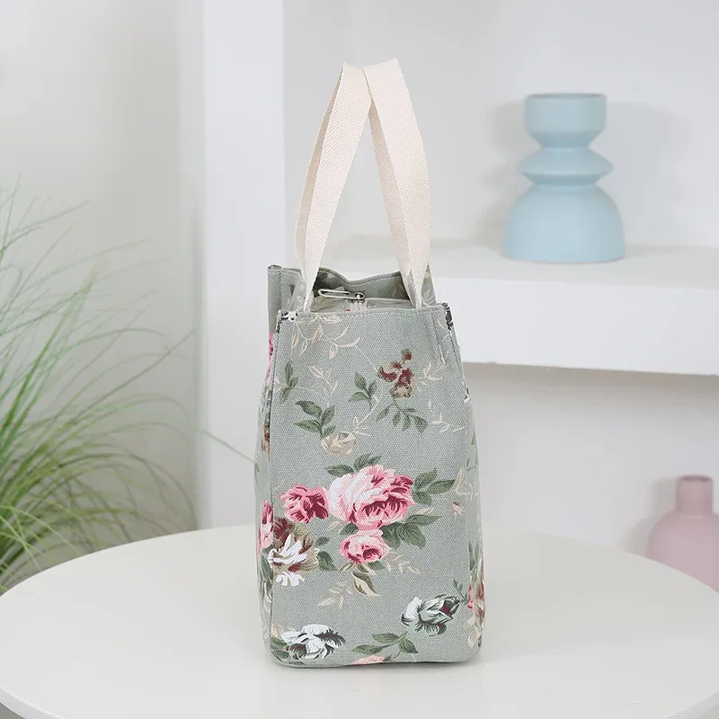 nouveau sac à main en toile imprimé de fleurs, sac de travail portable multi-poches avec fermeture éclair semi-fermée, sac de rangement quotidien, sac à bento.