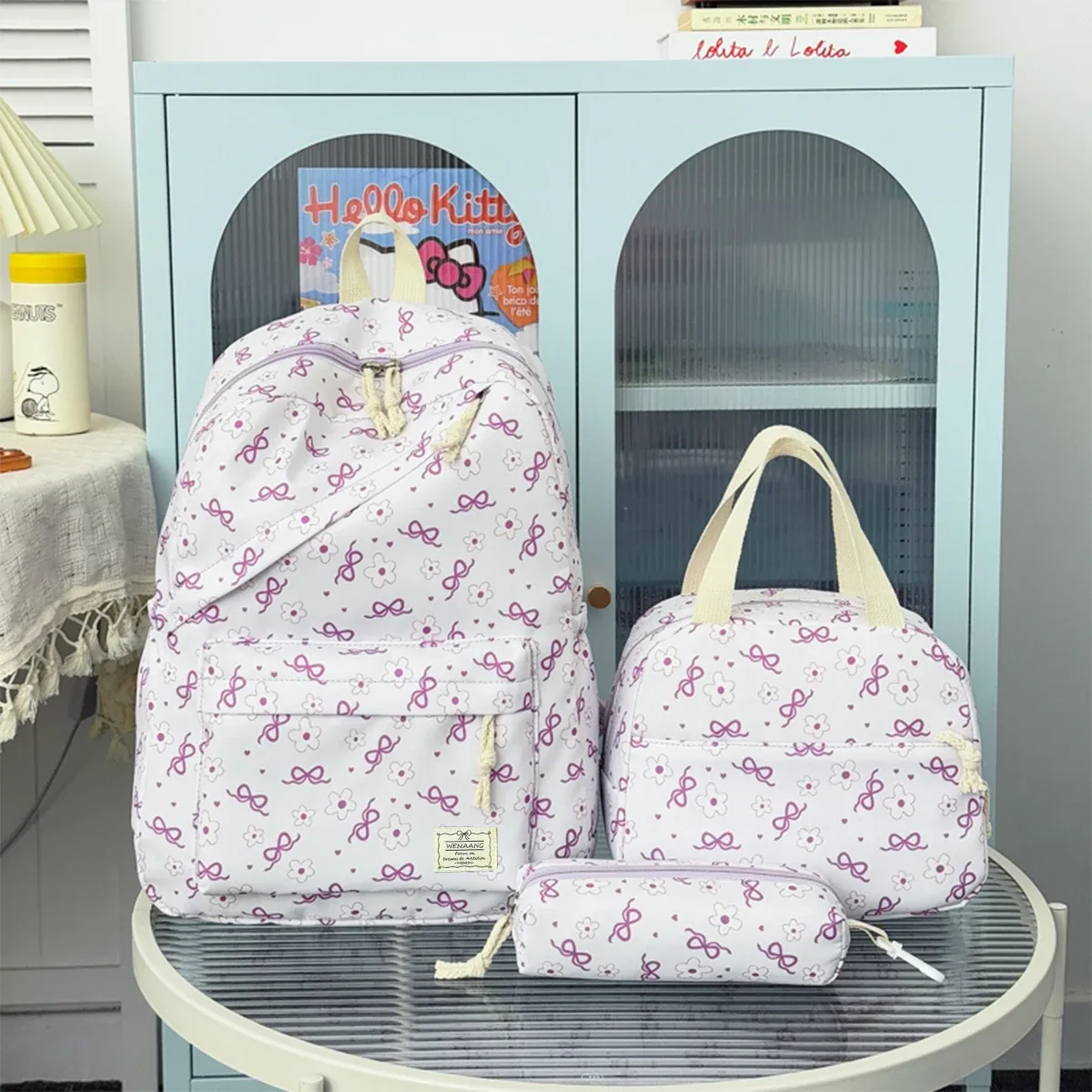 sac dos nylon nœuds fleurs roses blancs sacs école femmes accessoires trousse pochette voyager campus