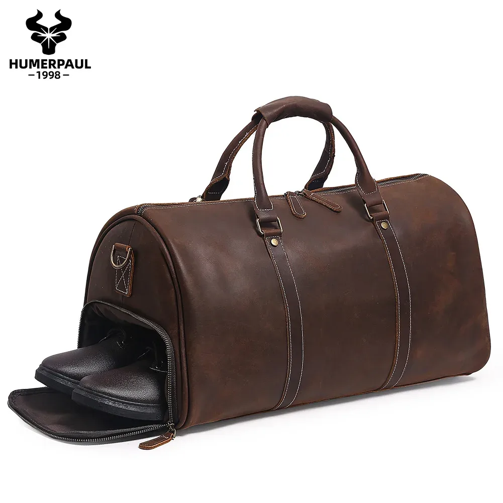 sac de sport en cuir crazy horse pour hommes, sac de voyage de grande capacité pour ordinateur portable et chaussures de 15 pouces, fourre-tout durable pour les affaires