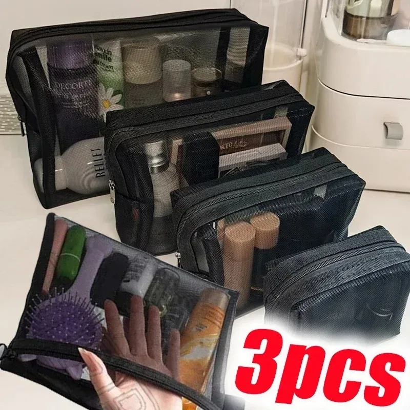 trousse cosmétiques plastique mesh noir translucide fermeture éclair pliable oreiller voyage s m xl