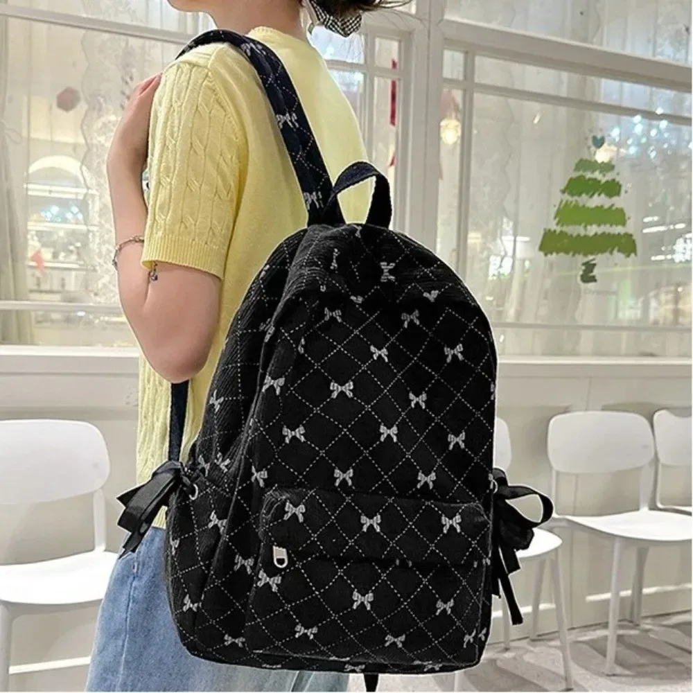 sac à dos en velours côtelé style coréen tendance, grande capacité, imprimé nœud, avec bretelles réglables, pour collégiens