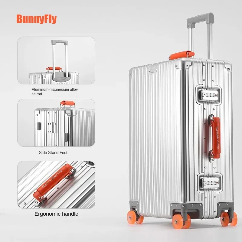 valise aluminium argenté roulettes oranges toupies ergonomiques poignées verticales voyage affaires élégante robuste durables