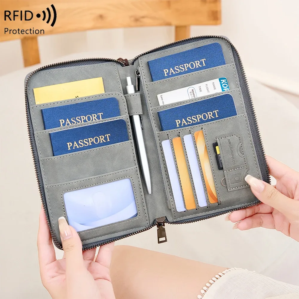 porte-passeport anti-vol rfid, portefeuille de voyage, organisateur de documents en similicuir avec fermeture éclair, couverture de passeport avec sangle de poignet