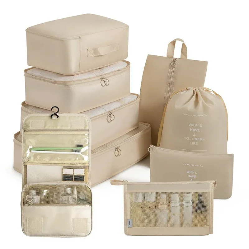 organisateur voyage polyester beige compartiments zippés poches intérieures cube sac compression chaussures pochettes housse vêtements