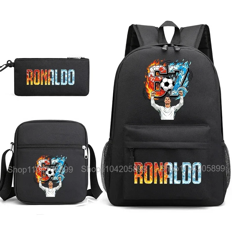 Sac à dos CR7 Ronaldo Football 67 imprimé, sac d'école avec sac à bandoulière et trousse à crayons pour étudiants garçons, cadeau, sac à dos de voyage quotidien