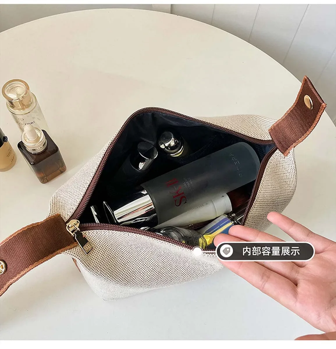 nouveau sac de toilette en toile haut de gamme, sac de maquillage de voyage portable de grande capacité, sac de rangement de cosmétiques bloquant les couleurs avec lettres