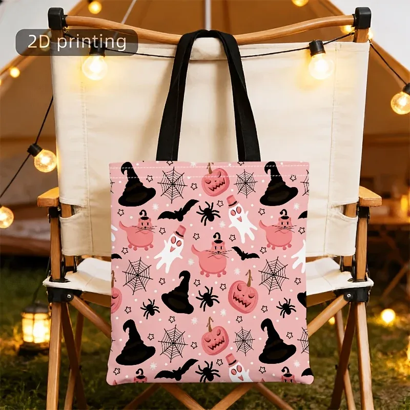 sac fourre-tout en toile rose pour halloween, imprimé fantôme mignon, citrouille, chapeau de sorcière, chauve-souris, araignée, sac à main réutilisable pour femmes.