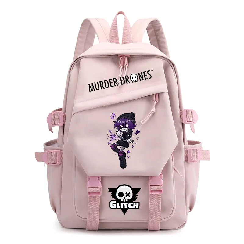 sac dos nylon dessin animé fille guitare murder drones glitch crâne hexagonal gris noir rose vert pastel bandoulière arcuée fermeture éclair usage voyage école