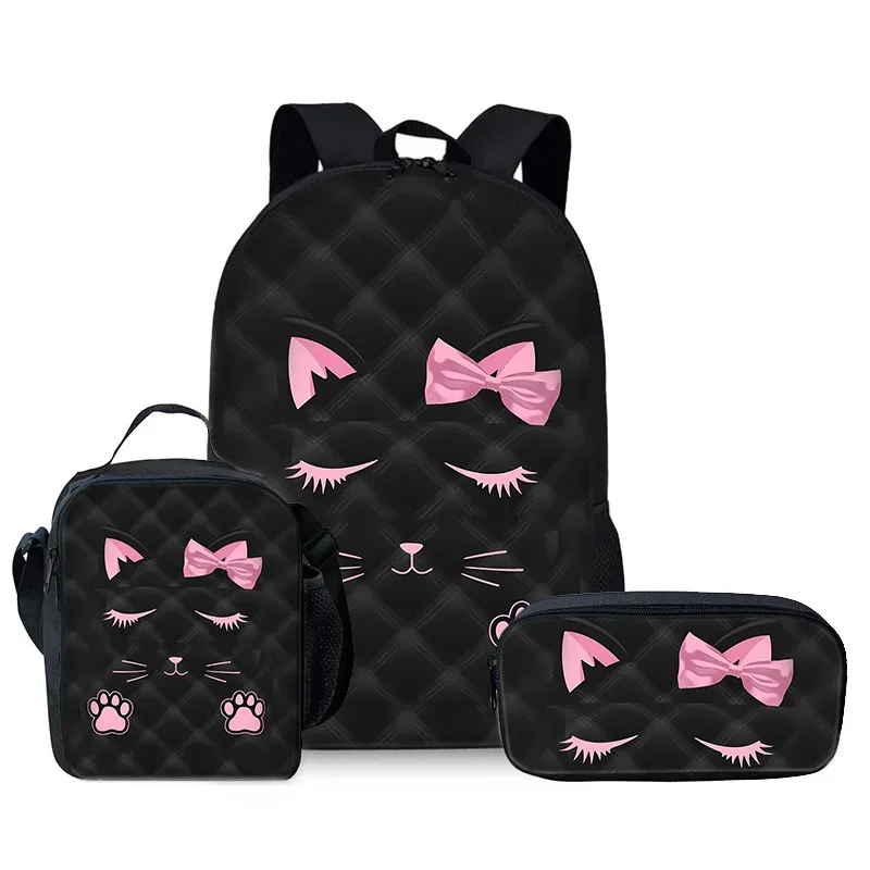 sac à dos tendance et populaire pour étudiants, motif chat rose 3d, lot de 3 pièces : sac à dos pour ordinateur portable, sac à bandoulière, sac à déjeuner et trousse.