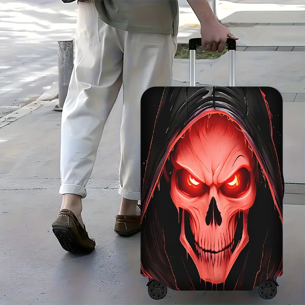 housse valise polyester motif crâne rouge yeux lumineux poignées noires rouges protection voyage format large taille grande