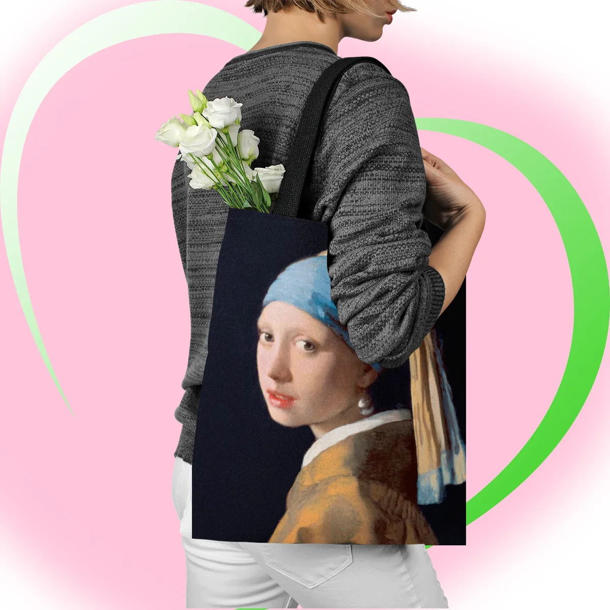 [bouche en toile] sac en toile imprimé peinture à l'huile sac fourre-tout léger pour femme sac à main quotidien sac à provisions multifonctionnel