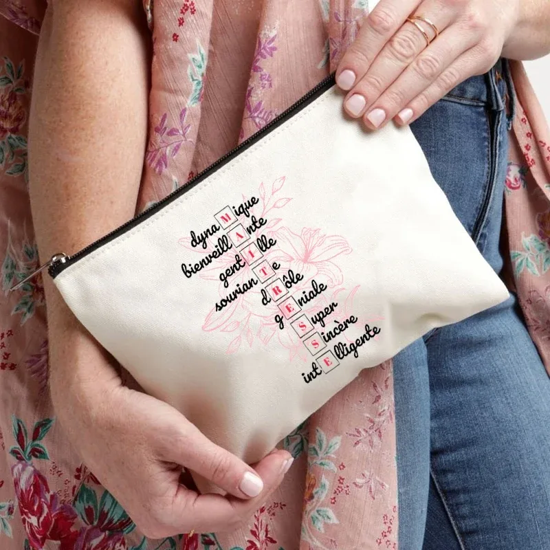 trousse de maquillage pour femmes, thème enseignant, étui à cosmétiques inspiré de maitresse avec motif éducatif de conception de style français, portefeuille pour le travail ou l'école