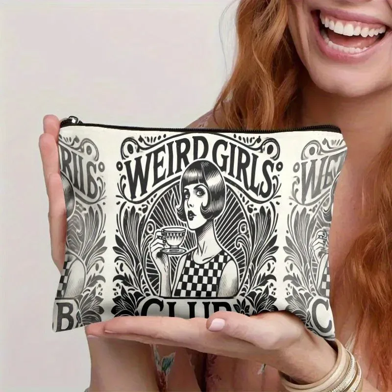 sac de maquillage chic gift weird girls club, pochette à cosmétiques vintage à motif floral et à carreaux avec fermeture éclair pour voyage, sac de rangement d'articles de toilette